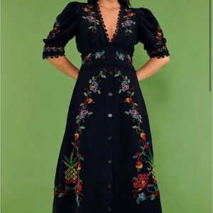 Beautiful Black Cross Stitch V Neck Farm Rio Dress